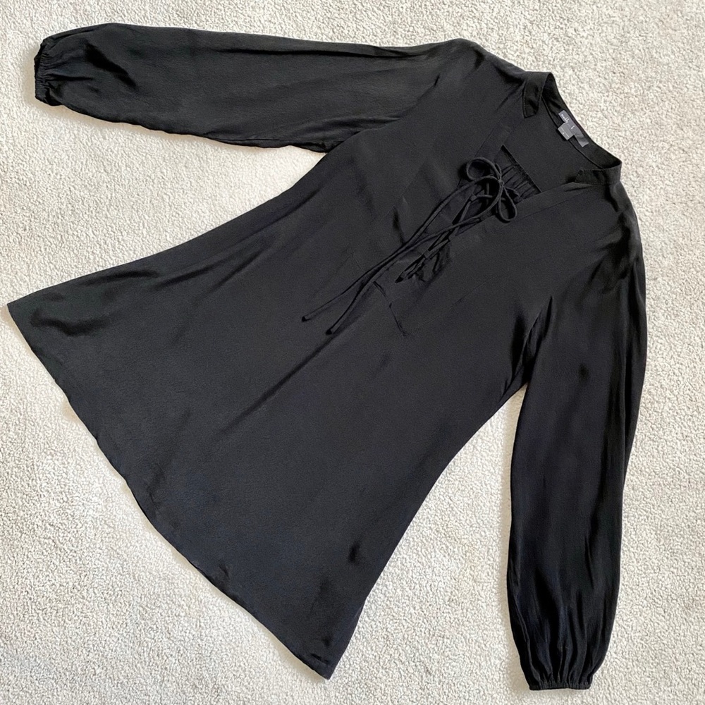 Maddy K Black Bow Tie Neck Lace Up Long Sleeve Blouse Size Small